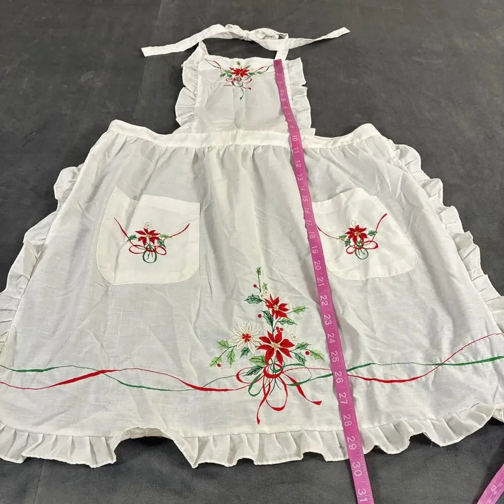 Vintage Lot of 2 Christmas Aprons, 1 Half, 1 Full Embroidered White & Red Chrty